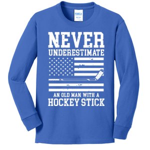 Never Underestimate An Old With A Hockey Stick Cool Gift Kids Long Sleeve Shirt