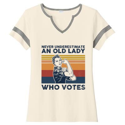 Never Underestimate An Old Lady Who Votes Feminist Ladies Halftime Notch Neck Tee