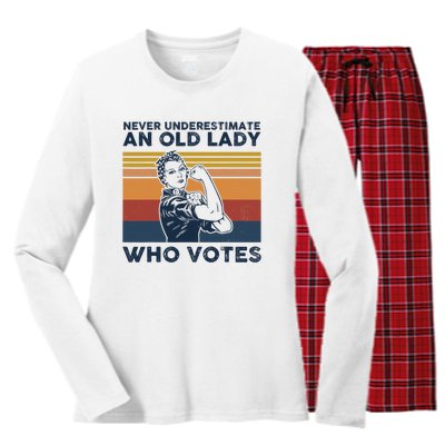 Never Underestimate An Old Lady Who Votes Feminist Women's Long Sleeve Flannel Pajama Set 