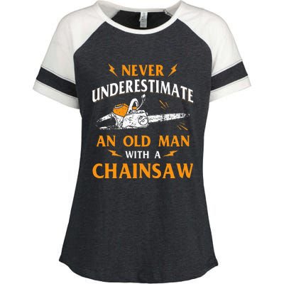 Never Underestimate An Old Man Lumberjack Chainsaw & Logger Enza Ladies Jersey Colorblock Tee