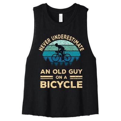 Never Underestimate An Old Guy On A Bicycle Funny Cycling Women's Racerback Cropped Tank