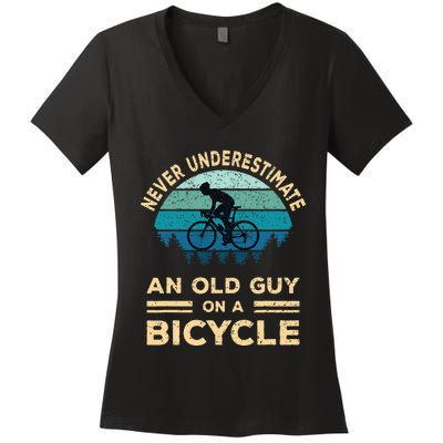 Never Underestimate An Old Guy On A Bicycle Funny Cycling Women's V-Neck T-Shirt