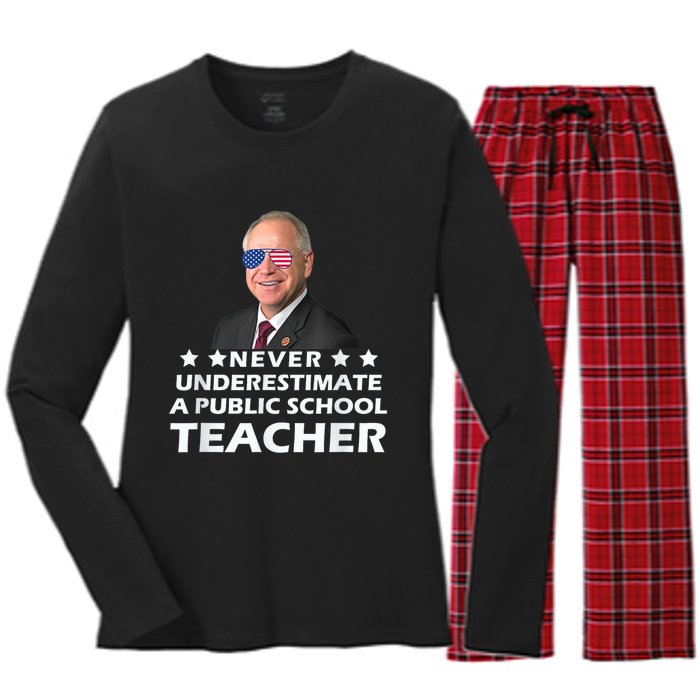 Never Underestimate A Public School Teacher Tim Walz 2024 Women's Long Sleeve Flannel Pajama Set 