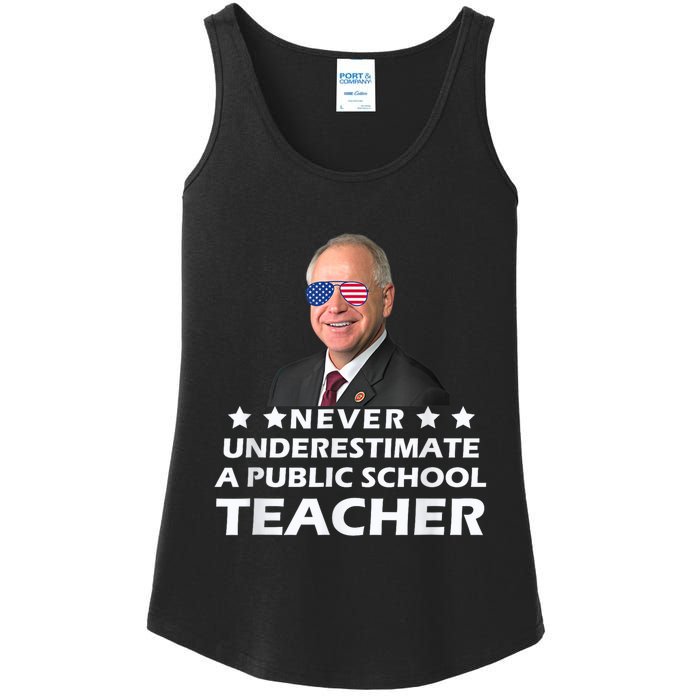 Never Underestimate A Public School Teacher Tim Walz 2024 Ladies Essential Tank