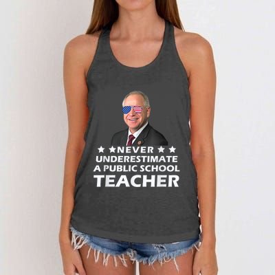 Never Underestimate A Public School Teacher Tim Walz 2024 Women's Knotted Racerback Tank