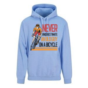 Never Underestimate An Old Guy On A Bicycle Funny Cycling Unisex Surf Hoodie