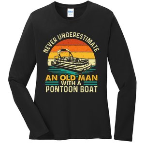 Never Underestimate An Old Man With Pontoon Boat Ladies Long Sleeve Shirt