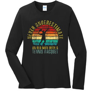 Never Underestimate An Old Man With A Tennis Racquet Retro Ladies Long Sleeve Shirt