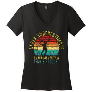 Never Underestimate An Old Man With A Tennis Racquet Retro Women's V-Neck T-Shirt