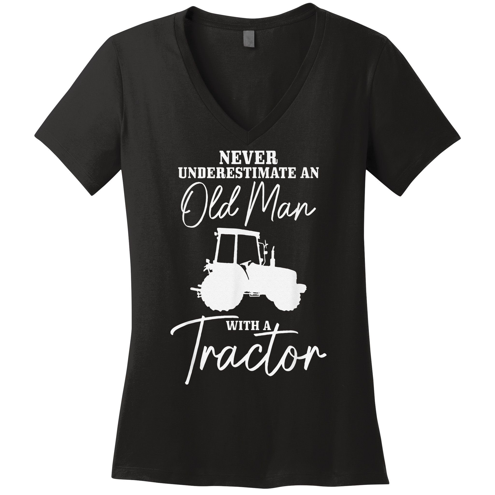 Never Underestimate An Old Man With A Tractor Funny Farmer Women's V-Neck T-Shirt