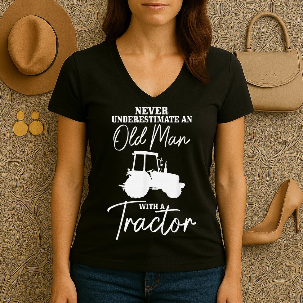 Never Underestimate An Old Man With A Tractor Funny Farmer Women's V-Neck T-Shirt