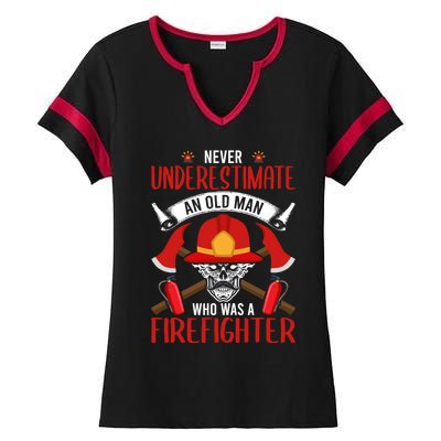 Never Underestimate An Old Who Was A Firefighter Gift Ladies Halftime Notch Neck Tee