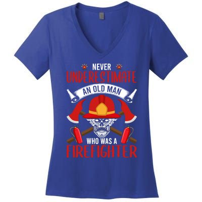 Never Underestimate An Old Who Was A Firefighter Gift Women's V-Neck T-Shirt