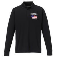 Nebraskastrong Usa America Flag Map Performance Long Sleeve Polo