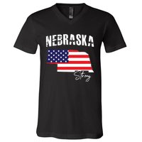 Nebraskastrong Usa America Flag Map V-Neck T-Shirt