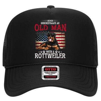 Never Underestimate An Old Man With A Rottweiler High Crown Mesh Back Trucker Hat