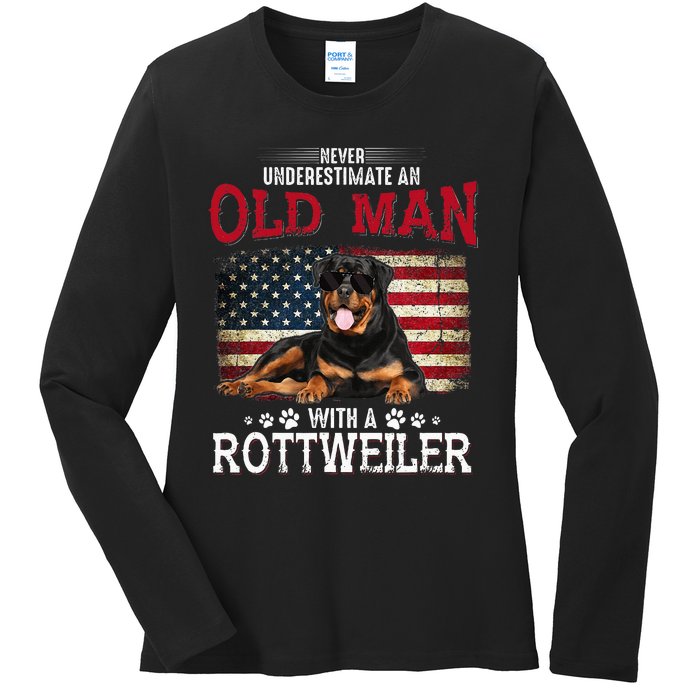 Never Underestimate An Old Man With A Rottweiler Ladies Long Sleeve Shirt