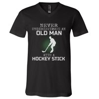 Never Underestimate An Old Man With A Hockey Stick Dad V-Neck T-Shirt