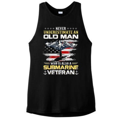 Never Underestimate An Old Man Submarines Veteran Patriotic Ladies PosiCharge Tri-Blend Wicking Tank