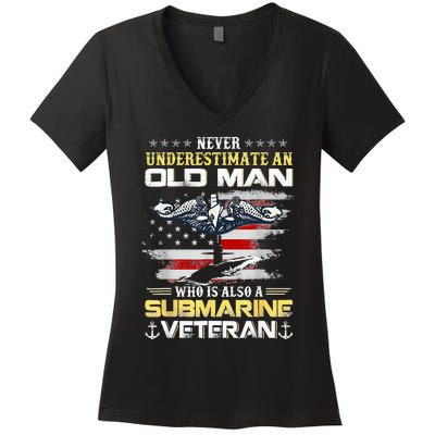 Never Underestimate An Old Man Submarines Veteran Patriotic Women's V-Neck T-Shirt