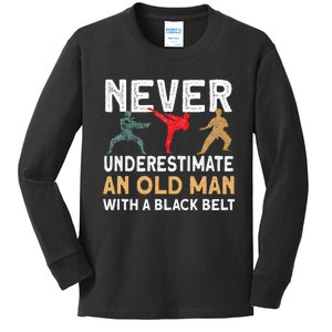 Never Underestimate An Old Man With A Black Belt Karate Kids Long Sleeve Shirt