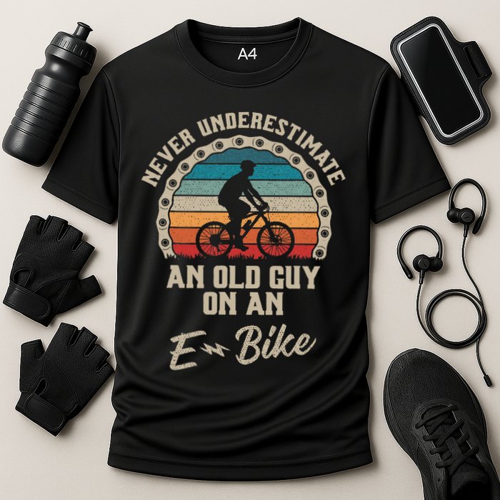 Never Underestimate An Old Guy On An E Bike Biking Cooling Performance Crew T-Shirt