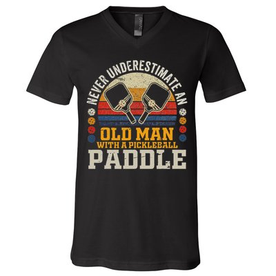 Never Underestimate An Old Man With A Pickleball Paddle V-Neck T-Shirt
