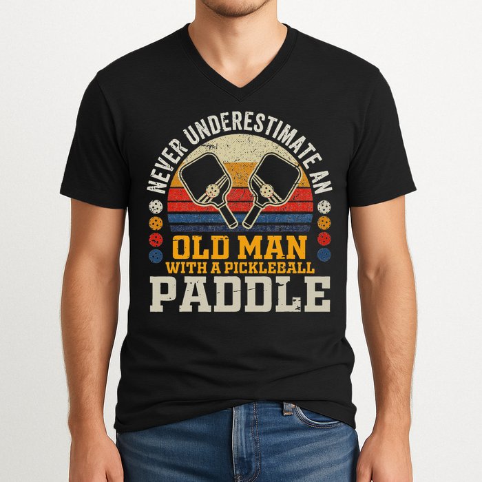 Never Underestimate An Old Man With A Pickleball Paddle V-Neck T-Shirt