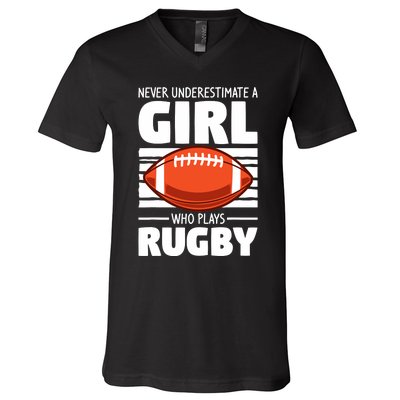 Never Underestimate A Girl Who Plays Rugby V-Neck T-Shirt