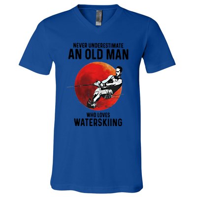 Never Underestimate An Old Who Loves Water Skiing Gift V-Neck T-Shirt