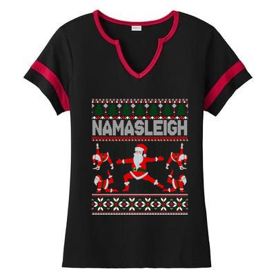 Namasleigh Ugly Christmas Sweater Meme Santa Claus Yoga Gift Ladies Halftime Notch Neck Tee