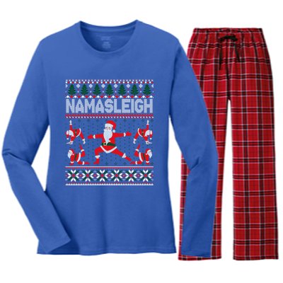 Namasleigh Ugly Christmas Sweater Meme Santa Claus Yoga Gift Women's Long Sleeve Flannel Pajama Set 