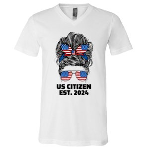 New Us Citizen Est 2024 Citizenship American Usa Women Wife V-Neck T-Shirt