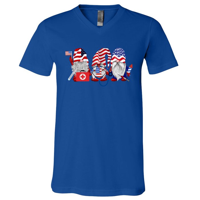 Nurse Usa Flag Gnome Stethoscope Patriotic Nurse 4th Of July Gift V-Neck T-Shirt