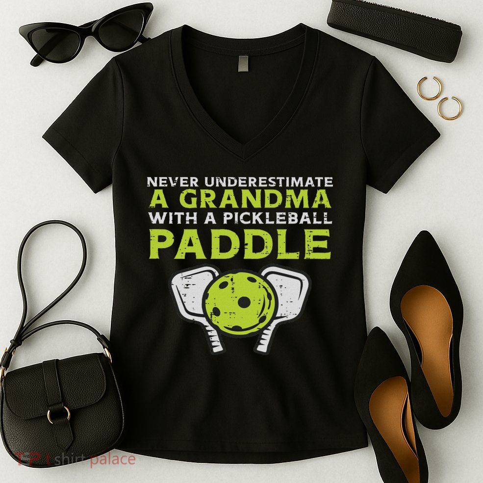 Never Underestimate Grandma With Pickleball Paddle Women Women's V-Neck T-Shirt