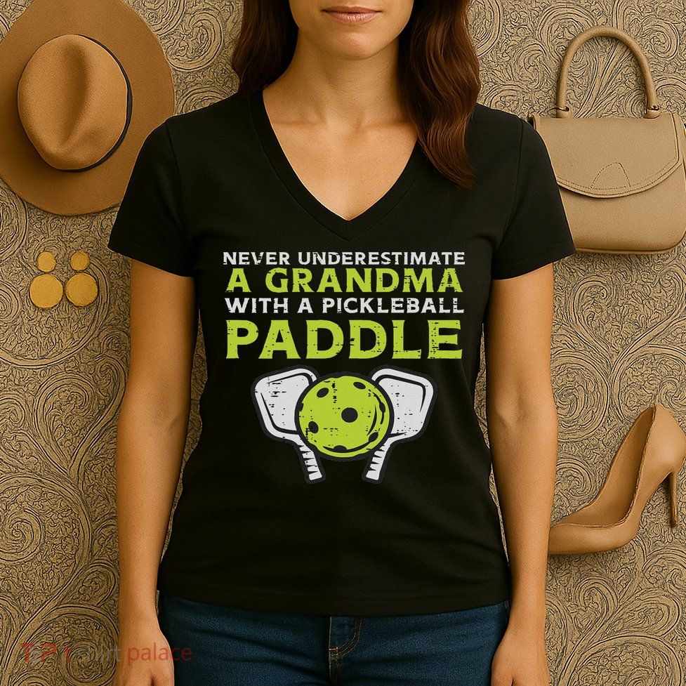 Never Underestimate Grandma With Pickleball Paddle Women Women's V-Neck T-Shirt