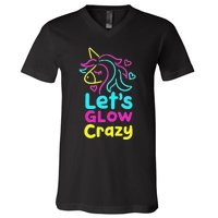 Neon Unicorn Lets Glow Crazy Retro 80s Group Party Squad V-Neck T-Shirt