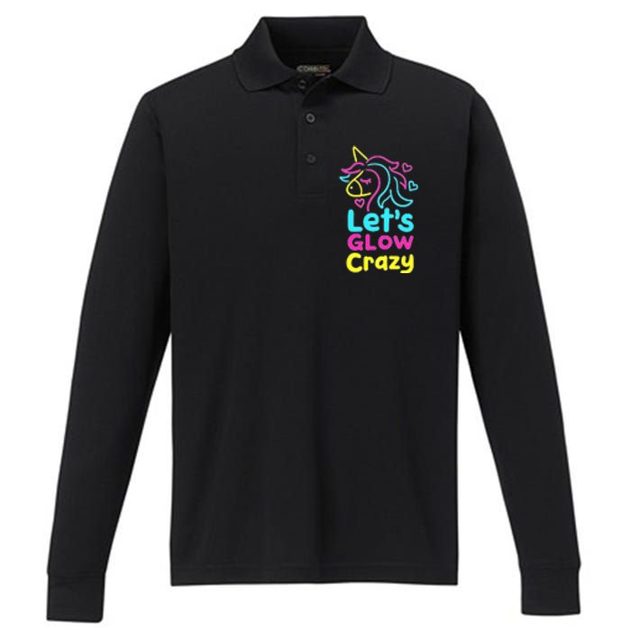 Neon Unicorn Lets Glow Crazy Retro 80s Group Party Squad Performance Long Sleeve Polo