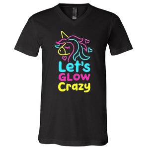 Neon Unicorn Lets Glow Crazy Retro 80s Group Party Squad V-Neck T-Shirt