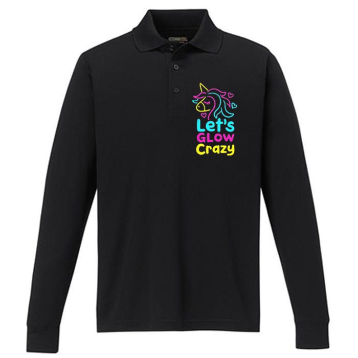 Neon Unicorn Let's Glow Crazy Retro 80s Group Party Squad Performance Long Sleeve Polo