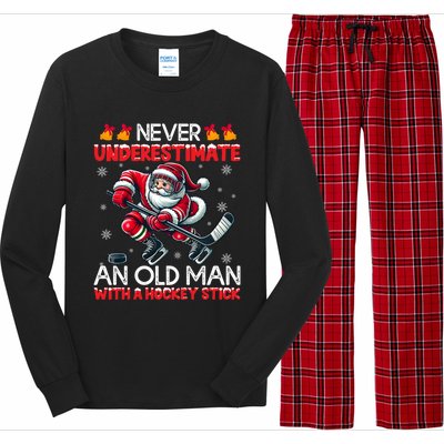 Never Underestimate Old Hockey Stick Santa Snowflakes Cool Gift Long Sleeve Pajama Set