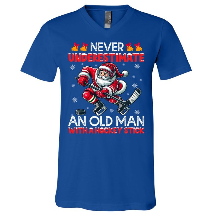 Never Underestimate Old Hockey Stick Santa Snowflakes Cool Gift V-Neck T-Shirt