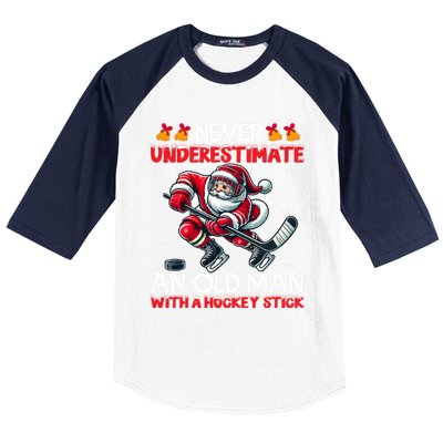 Never Underestimate Old Hockey Stick Santa Snowflakes Cool Gift Baseball Sleeve Shirt