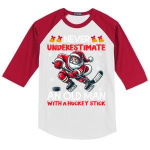 Never Underestimate Old Hockey Stick Santa Snowflakes Cool Gift Kids Colorblock Raglan Jersey