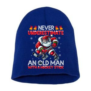 Never Underestimate Old Hockey Stick Santa Snowflakes Gift Short Acrylic Beanie