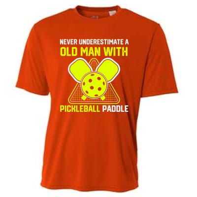 Never Underestimate Old Pickleball Racket Paddle Dad Cool Gift Cooling Performance Crew T-Shirt