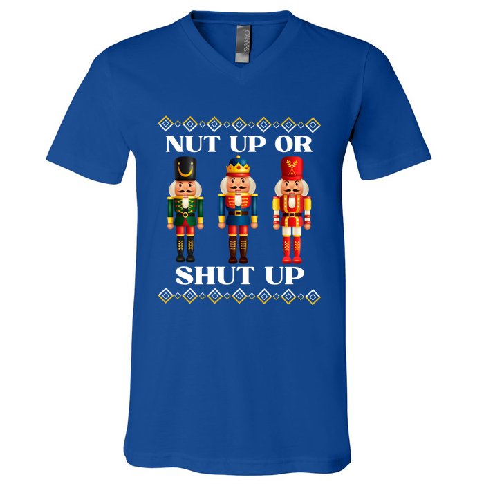 Nut Up Or Shut Up Funny & Tacky Embellished Nutcracker Xmas V-Neck T-Shirt