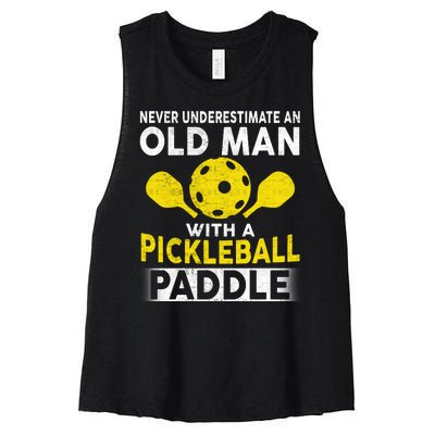 Never Underestimate Old Man With Pickleball Paddle Women's Racerback Cropped Tank