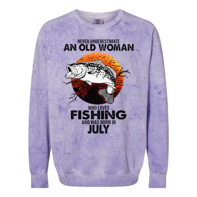 Never Underestimate Old Woman Loves Fishing Born In July Colorblast Crewneck Sweatshirt