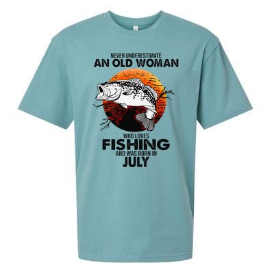 Never Underestimate Old Woman Loves Fishing Born In July Sueded Cloud Jersey T-Shirt